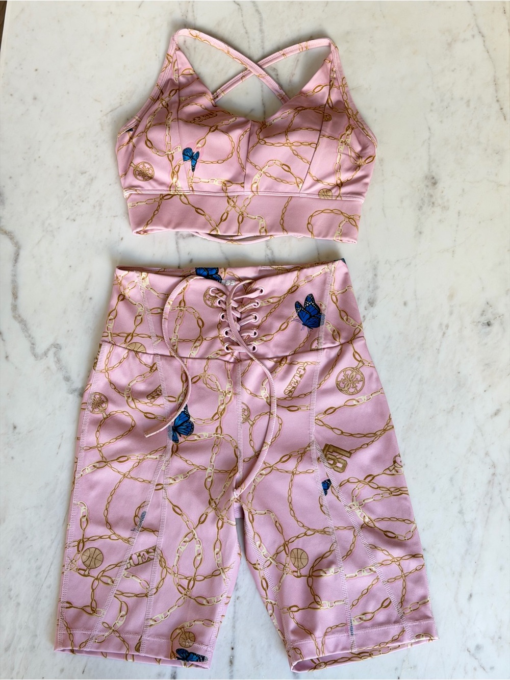 Guess Pink Butterfly Print Activewear Set - Top and Biker Shorts - Size XS
